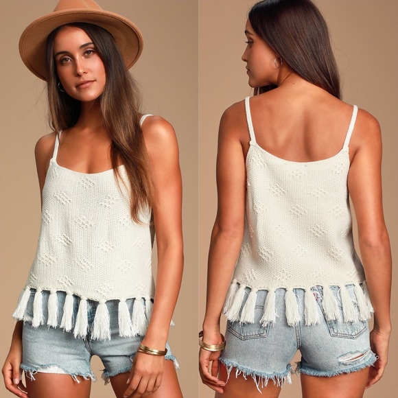 Lulus Tops - Lulu’s | Del Mar Cream Tasseled Knit Sweater Tank Top